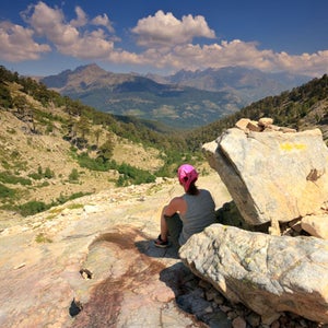 Hiker on the GR20 hiking path in Corsica