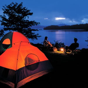 tent night sleeping lake