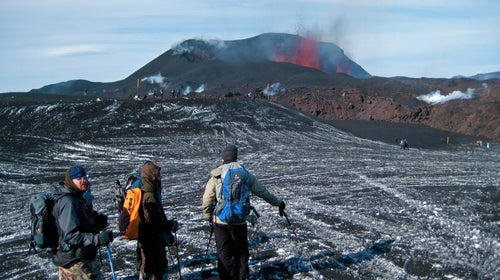 Hiker's take in an eruption in Rangarvallasysla, Iceland.