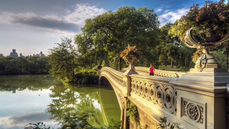 The Central Park trail features bridges over clear ponds and views of New York City without the blaring horns.