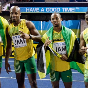 Jamaican sprinters Usain Bolt, Asafa Powell, Michael Frater and Steve Mullings celebrate winning gold in the 2009 men's 4x100m final during the World Athletics Championships. In 2011, Mullings was found guilty of doping and banned for life.