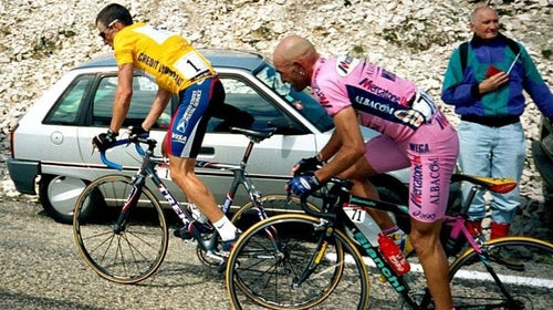 Lance Armstrong and Marco Pantani climb together during the Tour.