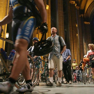 Cyclists inside the Cathedral of St. John the Divine in New York for the fifth annual Blessing of the Bicycles.