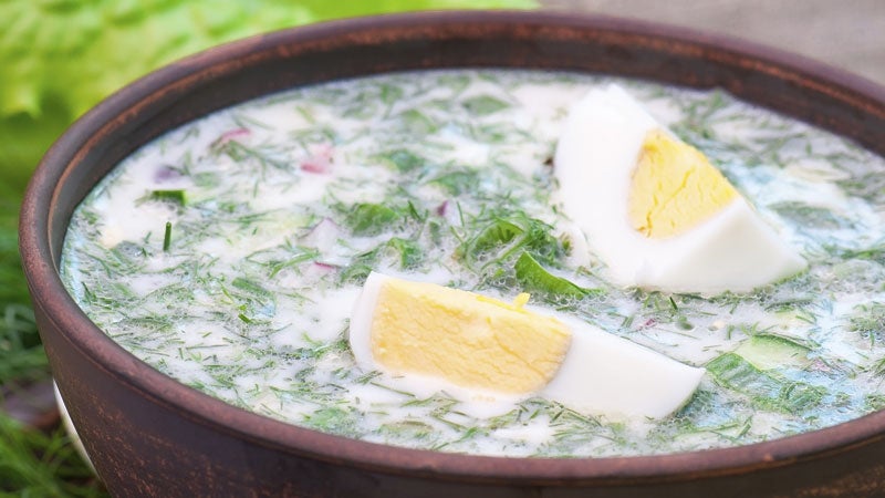 The ancient cheese bore a similar to modern kefir soup, pictured here with greens and eggs.