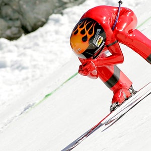 Simone Origone of Italy competes on his way to capture the gold at the FIS Speed Skiing World Championships, Thursday, 19 April 2007 in the Swiss Alps resort of Verbier. Simone Origone crashed after the finish line and broke an arm. (KEYSTONE/Olivier Maire)