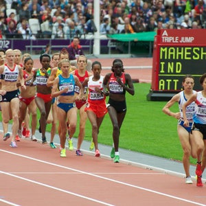 Women compete in the 5000-meter at the 2012 London Olympics.