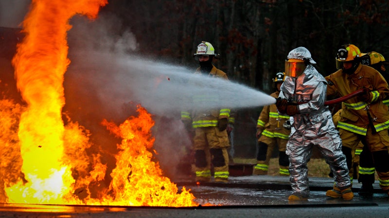 This is what a fire tornado looks like. U.S. Air Force fire protection specialists battle one forming in a controlled blaze during a training exercise in New Jersey.