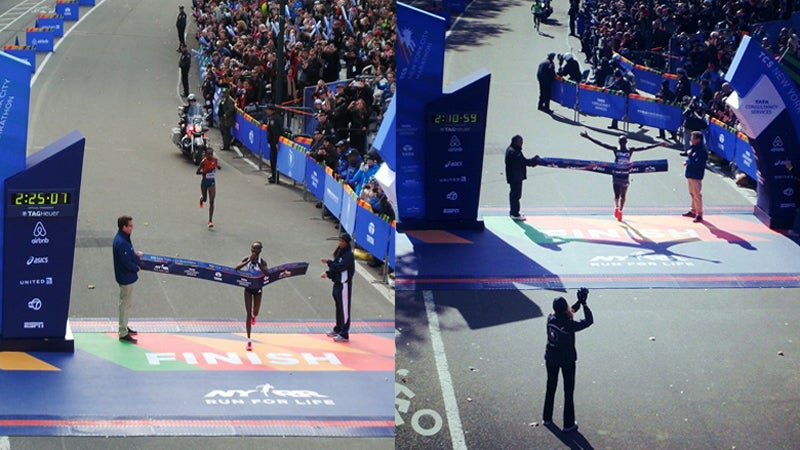 The winners of the 2014 New York City Marathon cross the finish line.