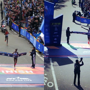 The winners of the 2014 New York City Marathon cross the finish line.