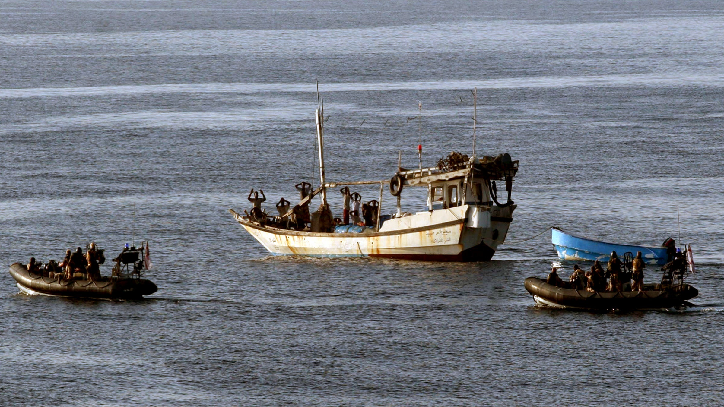 Gulf of Aden Somalia Piracy Pirates Somalian Skiff Royal Navy Royal Marines Surrendering Surrender Boat Boarding Team