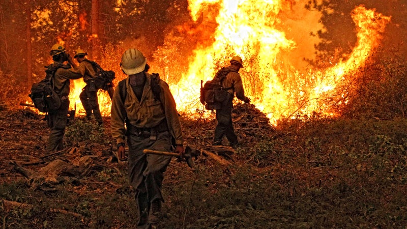 Firefighters work to suppress the Rim Fire, which burned for two months starting in August 2013.