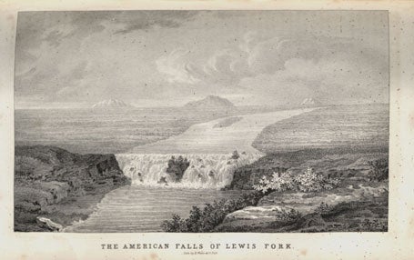Hunt’s party, building canoes, first ran into problems at waterfalls like this one where the “Mad River” ran across a great lava plain.