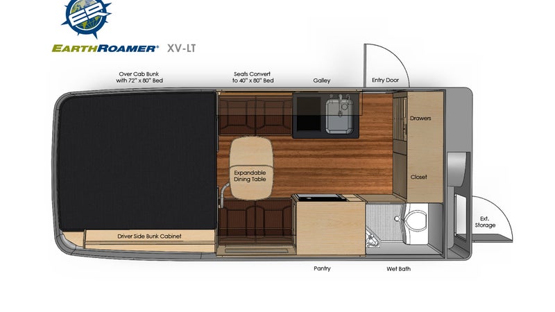 OutsideOnline shelter EarthRoamer XV-LT Lamborghini off-road campers car camping Ritz-Carlton $280 000 vehicle RV truck hotel merged chassis heavy-duty luxury stainless-steel solar-panel array heating air condition king-size bed layout design interior labeled