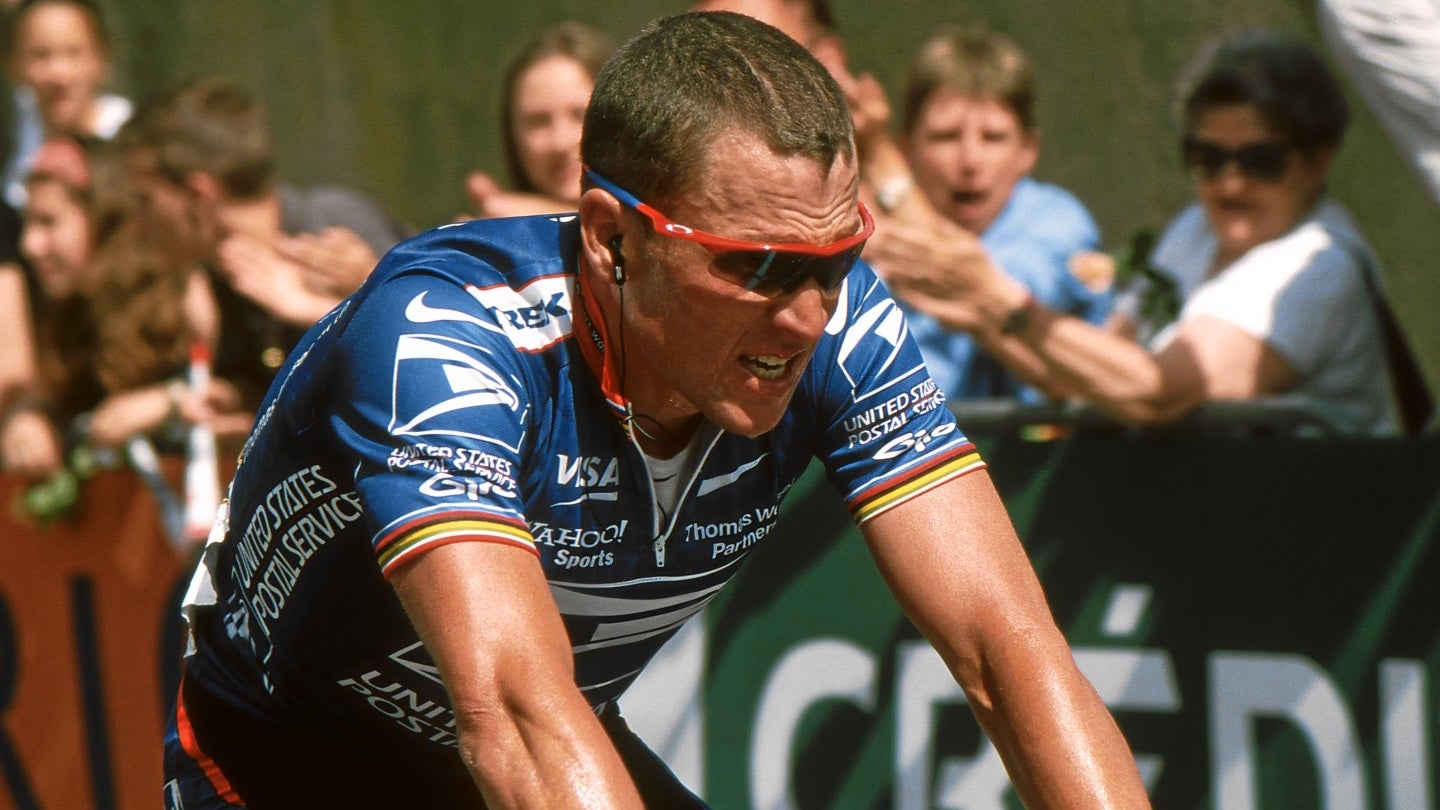 Armstrong racing in the 2002 Tour de France.