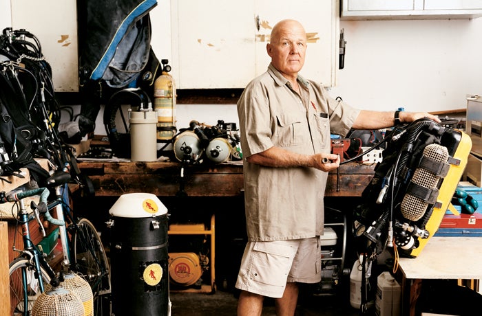 Lo Vingerling, support diver and member of the cave brotherhood, at home with his gear.