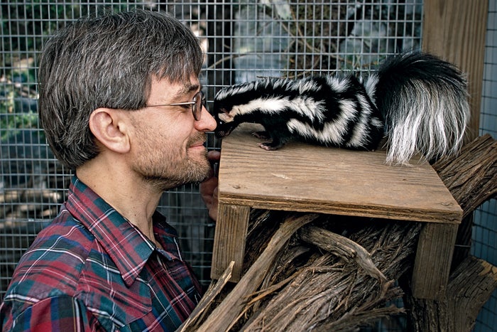 Jerry Dragoo NM New Mexico Professor Skunk Man Smithsonian Magazine Stinky Pete University of New Mexico mammal animals cage grinning pets skunkman skunks