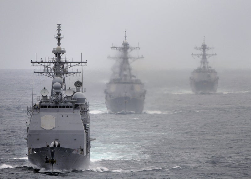 The sonar-equipped USS Cape St. George, USS Momsen and USS Sterett en route during a training exercise.