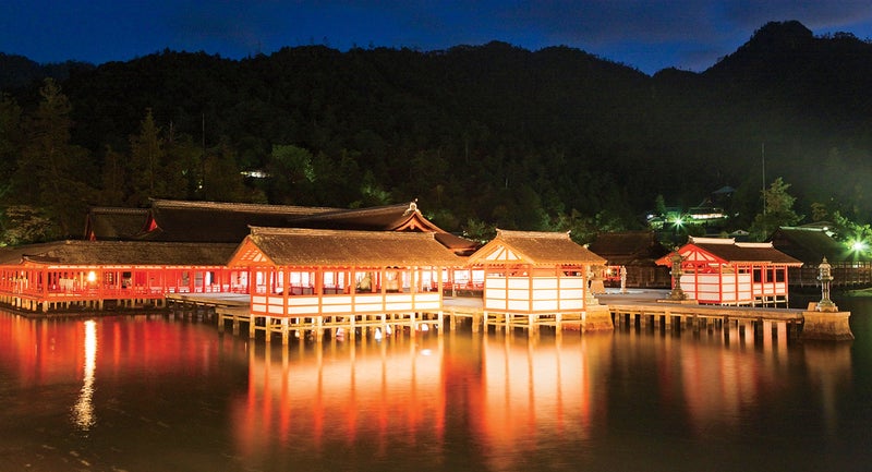 architecture Asia autumn beauty Chugoku Region cultural heritage East Asia hatsukaichi Hiroshima Hiroshima Prefecture Honshu illumination Itsukushima Itsukushima Shrine Japan light effect month mountain mountain range mystery night night view nobody November ocean outdoors reflection sea seasons shinto shinto shrine shrine structure UNESCO World Heritage Site water