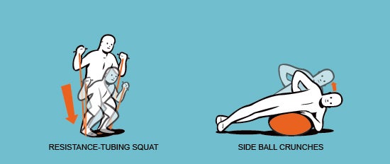 Resistance-tubing squat and side ball crunches.