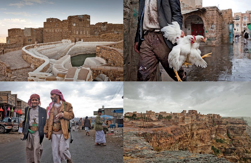 Clockwise from top left: Thula's ancient water catchment; a haul of live chickens in At Tawllah's market; the fortifications of Kawkaban; plainclothes army officers in Kawkaban.