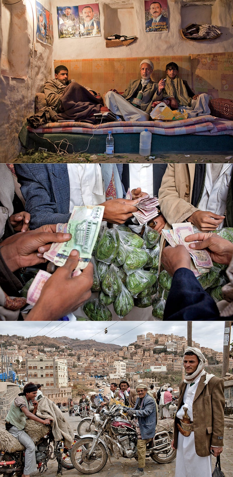 From top: A police checkpoint the village of Kawkaban; the daily khat transaction; makeshift motorcycle taxis for hire in Al Mahweet. Click to enlarge.