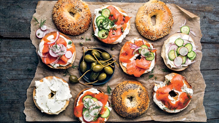 overview shot of bagels with lox