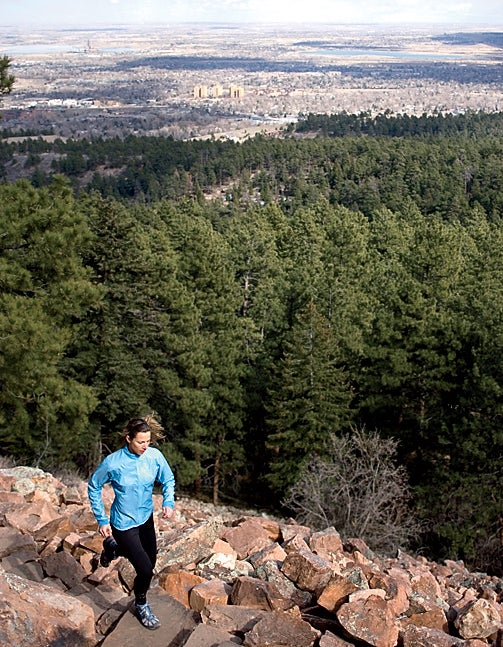 woman female outdoors runner trail runner active athletic beauty exercise sport recreation color image Colorado Boulder North America United States Caucasian 30 years old young adult healthy fit running Chautauqua Park Elinor Fish above determination concentration profile full body open space recreation escapism strength solitude vertical daytime one one person only