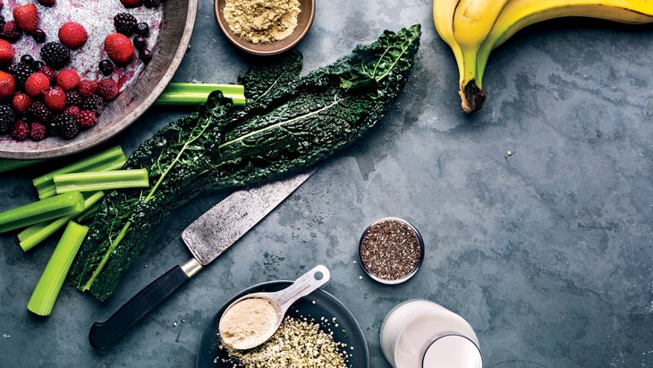 kale, banana, seeds, and other smoothie ingredients