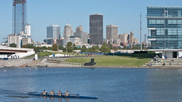 river Oklahoma River rowing downtown buildings architecture skyscraper cityscape OKC Oklahoma City day horizontal water water sport Finish Line Tower scenic photography skyline outside magazine best towns 2013