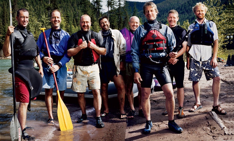 The River Rats at the Flathead Take-Out, June 11, 2006. From left: Adam Duerk, Doug Pollock, Nate Cross, Tiff Barton, Bruce Allen, Damon Yerkes, Ken Miller, and Mark Sundeen. Click to enlarge.