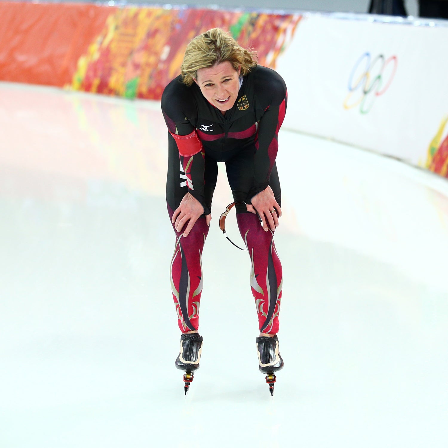 German Speed skater Claudia Pechstein at the Sochi 2014 Olympic Games. In 2009 Pechstein became the first athlete to receive a ban from the CAS from a biological passport screen.