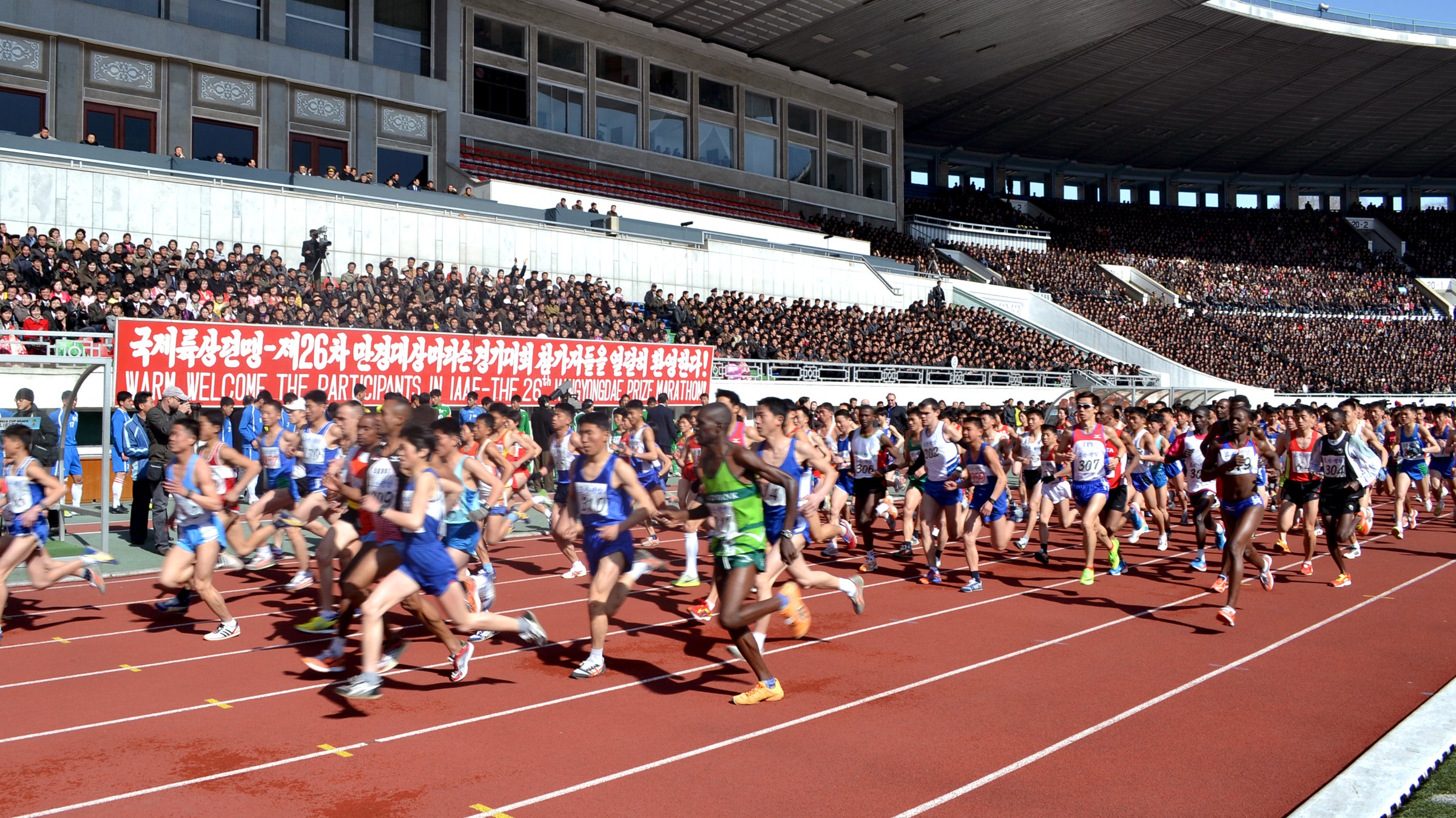 The Pyongyang Marathon in 2014. North Korea started allowing foreign runners to participate in 2000.