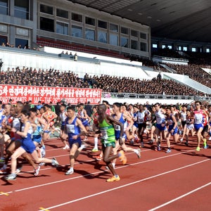 The Pyongyang Marathon in 2014. North Korea started allowing foreign runners to participate in 2000.